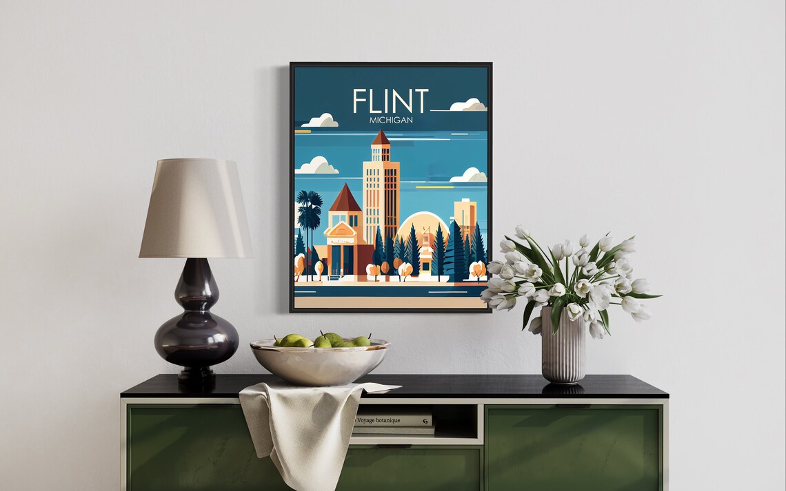 Flint Michigan Skyline Clock Tower Retro City Art Travel Poster - Image 2