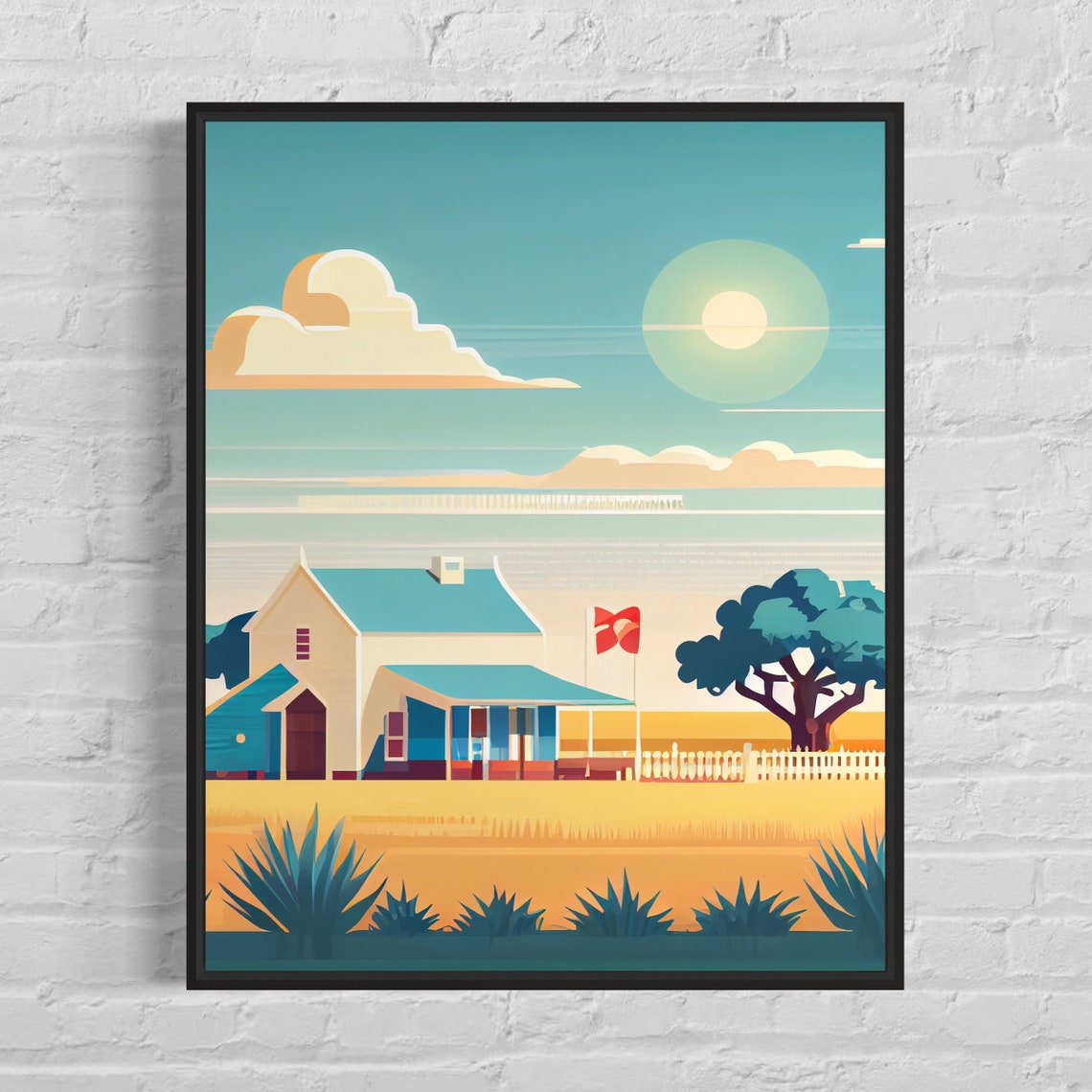 Texas Farmhouse Lone Star Flag Golden Wheat Field Sunset Poster