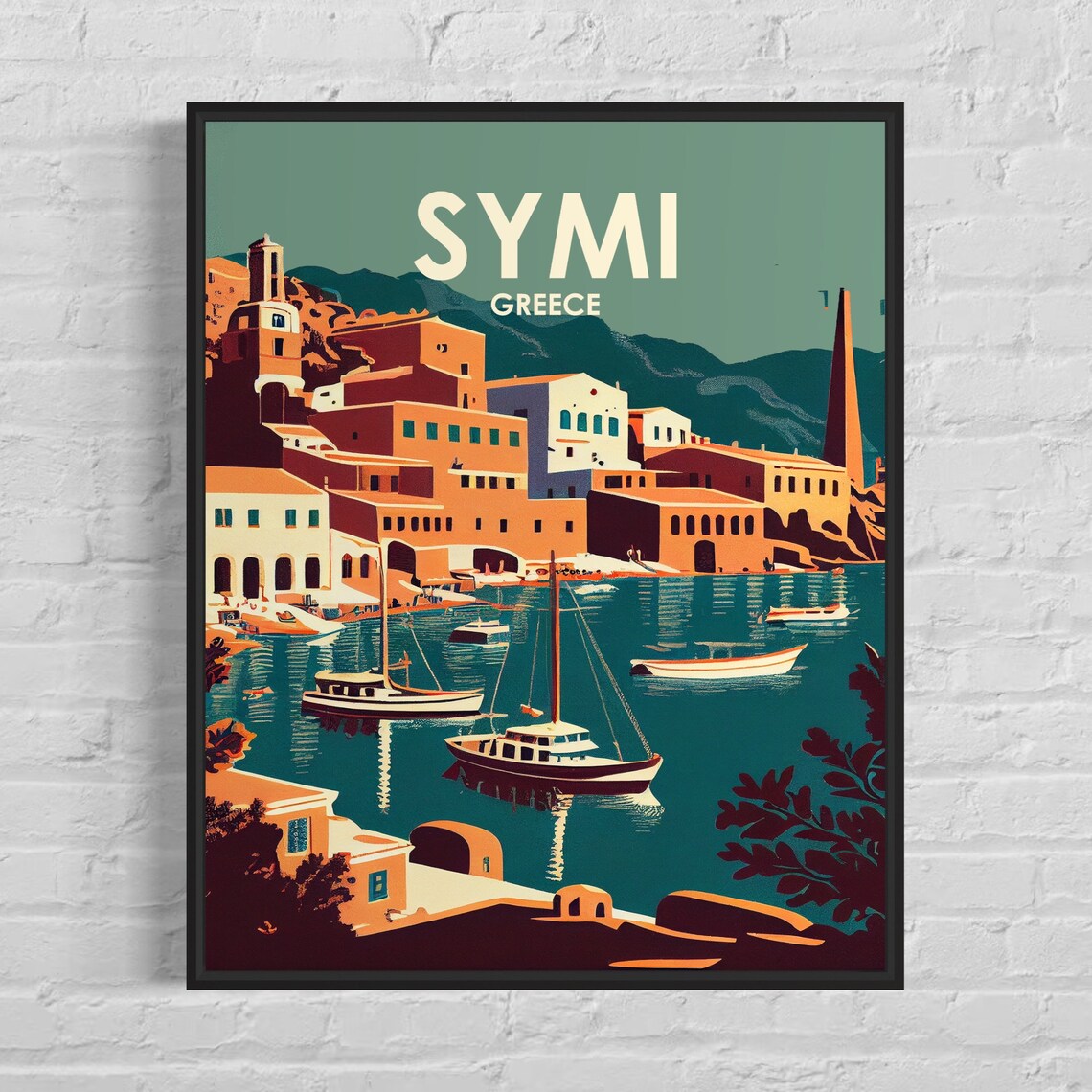 Symi Greece Colorful Harbor Boats Pastel Waterfront Travel Poster
