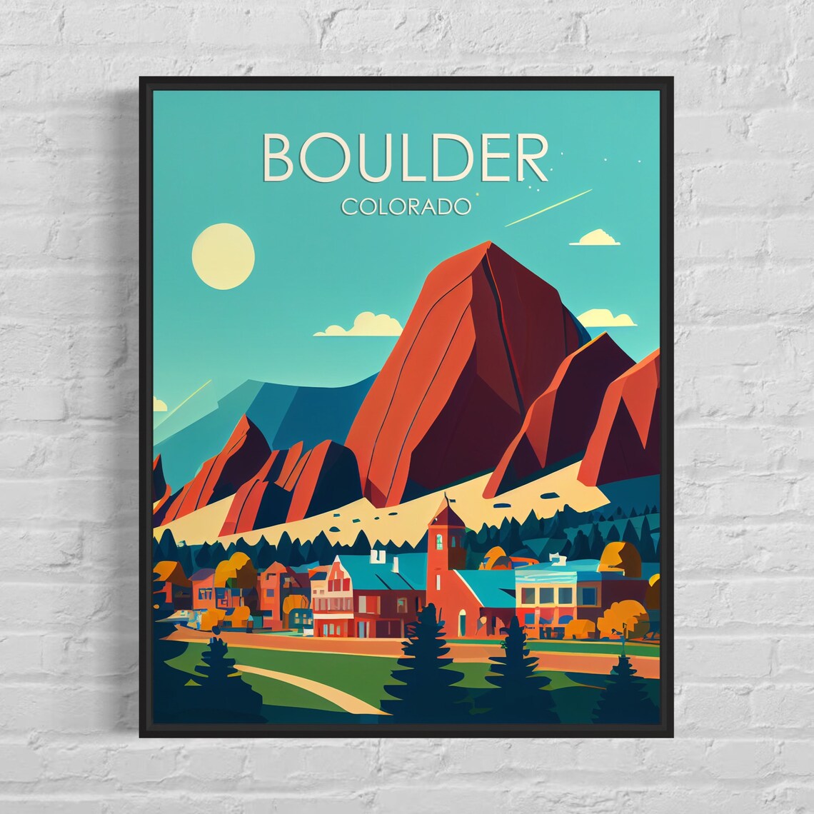 Boulder Colorado Flatirons Red Rocks Over Town Retro Travel Poster