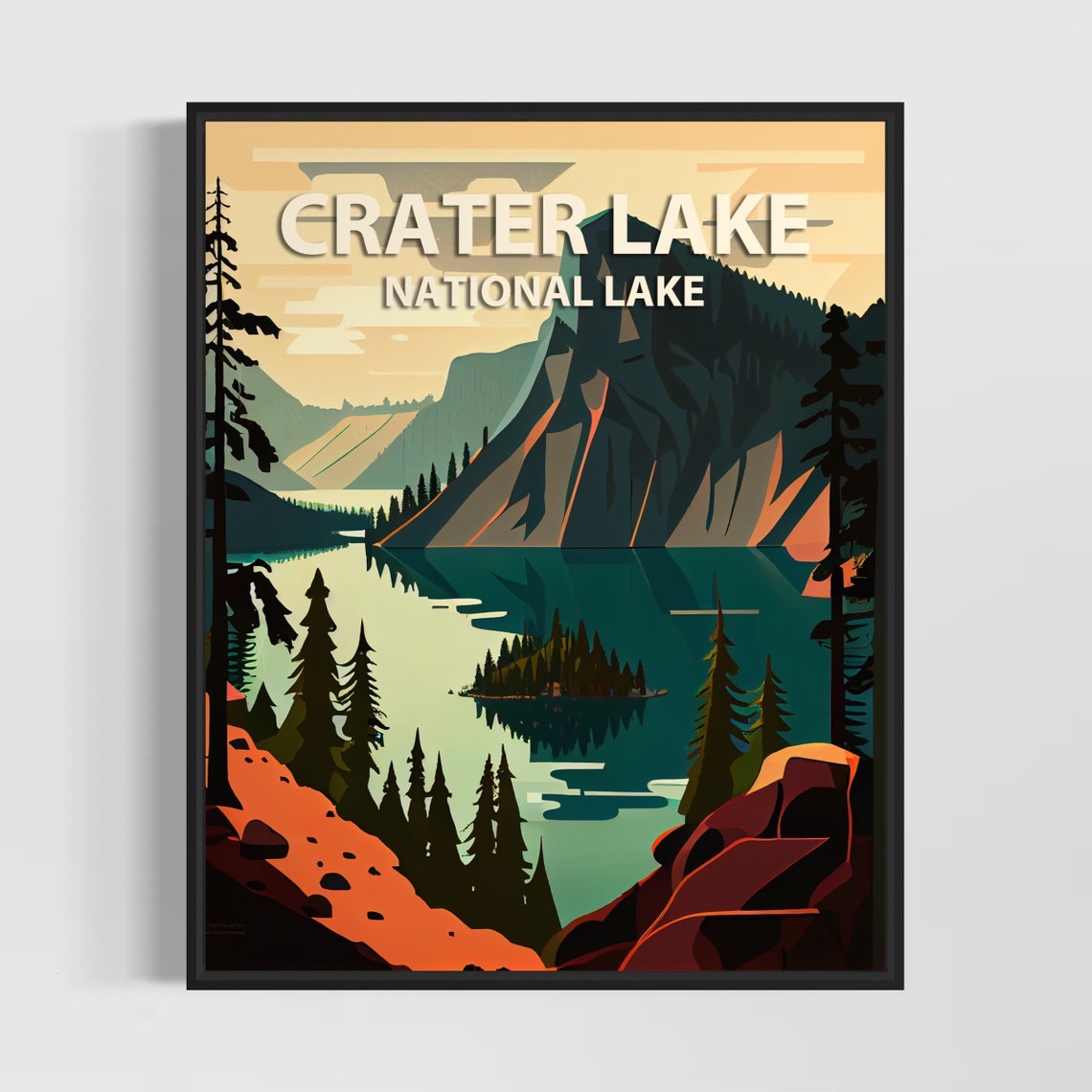 Crater Lake Deep Blue Caldera Pine Forest Scenic Travel Poster