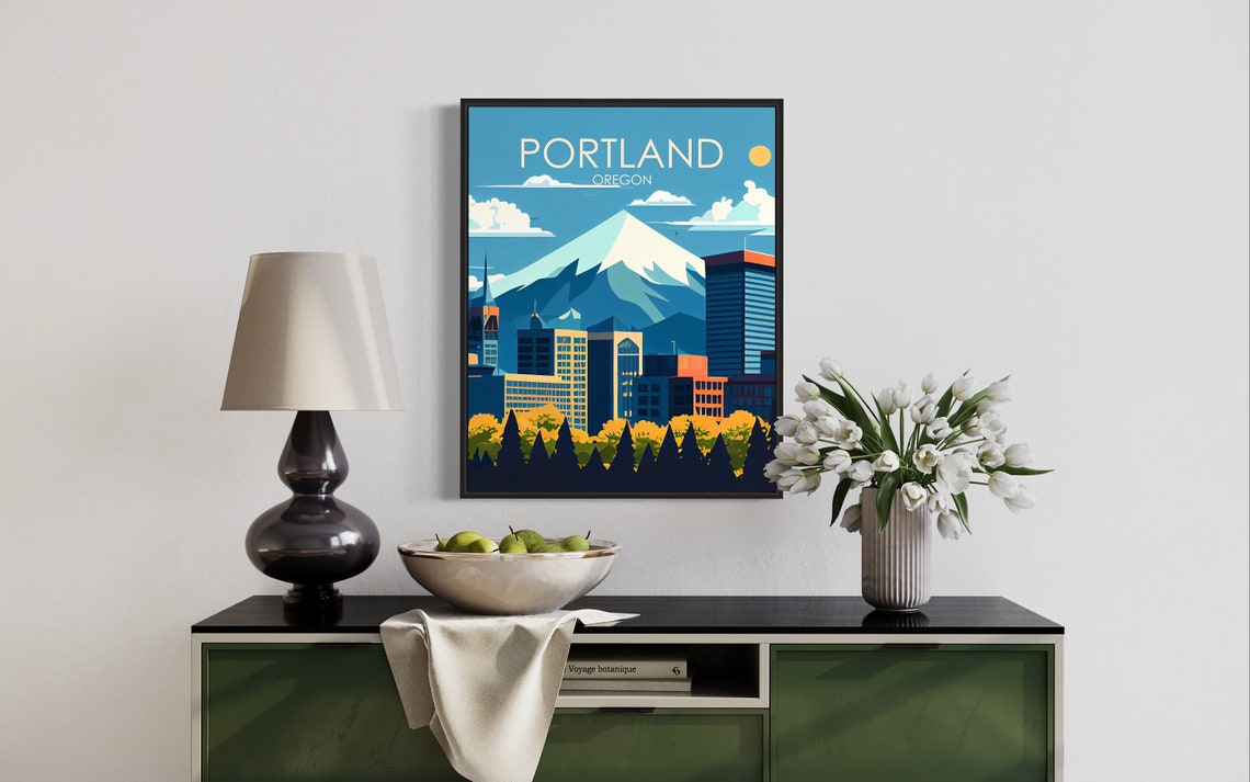 Portland Oregon Skyline With Mount Hood Vintage Travel Poster - Image 3