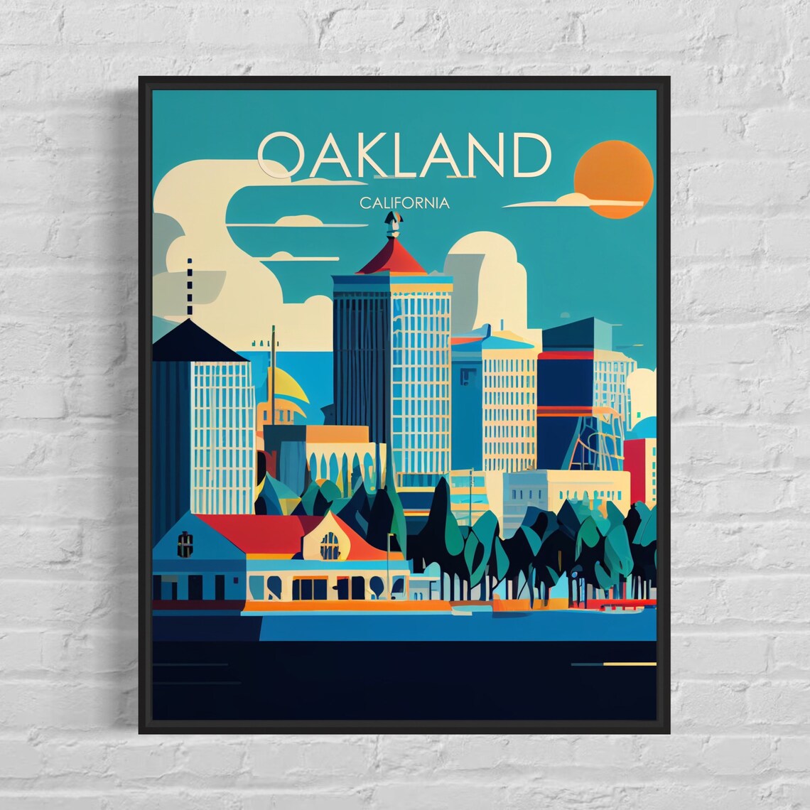 Oakland California Retro Skyline Poster with Sunset City Towers