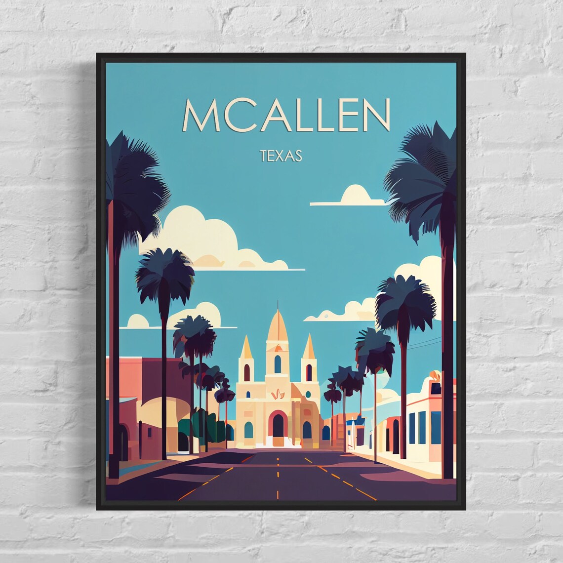 McAllen Texas Palm Lined Mission Street Retro Travel Poster Art
