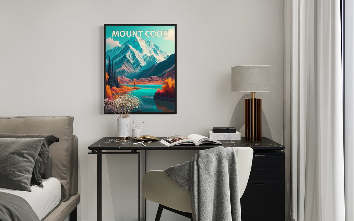 Mount Cook Alaska Turquoise Lake Snowy Peak Autumn Retro Travel Poster - Image 2