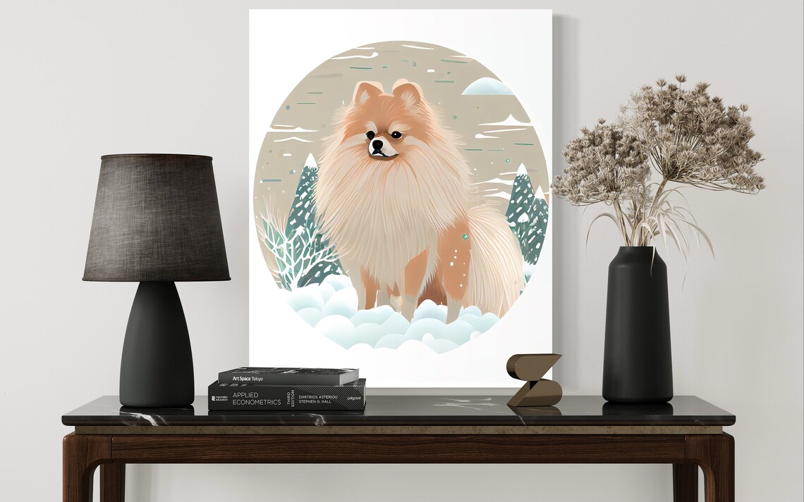 Fluffy Pomeranian Standing in Snow With Frosted Pines Dog Art Poster - Image 2