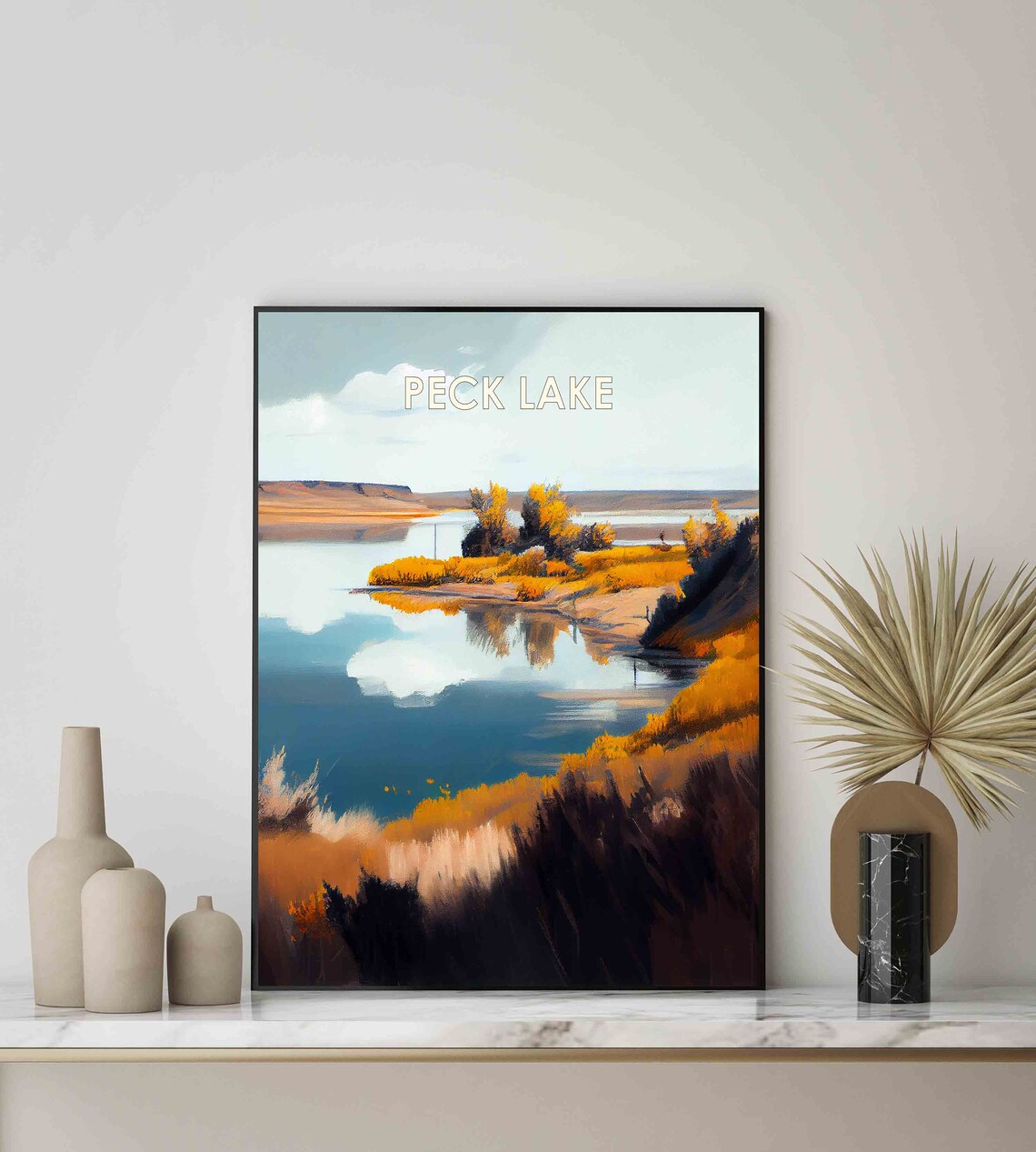 Peck Lake Montana Retro Poster with Golden Reflections and Grasslands - Image 2