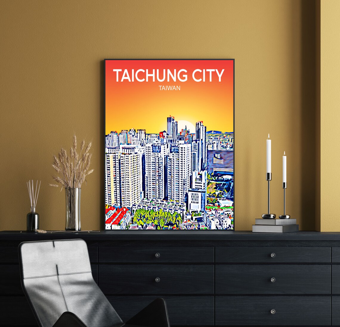 Taichung City Taiwan Art Poster Sunset Night Poster Art Print Taichung City City Framed Modern Wall Art Colorful Skyline Photo - Image 2