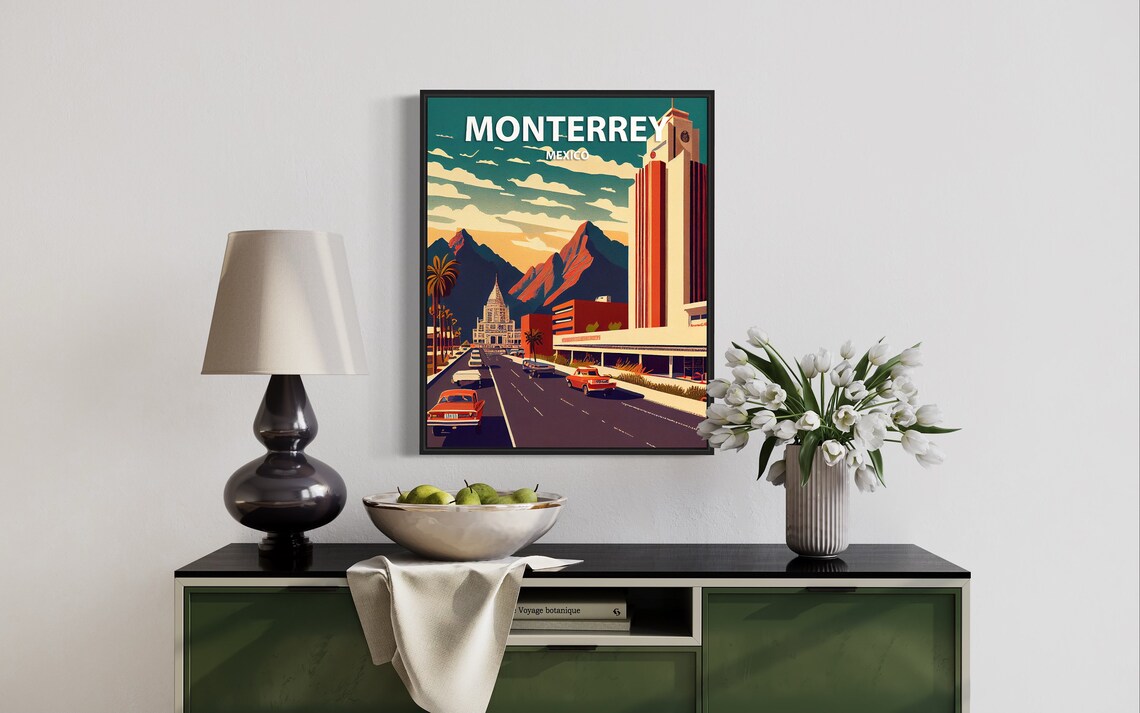 Monterrey Mexico Mountain Skyline Classic Cars Vintage Travel Poster - Image 2