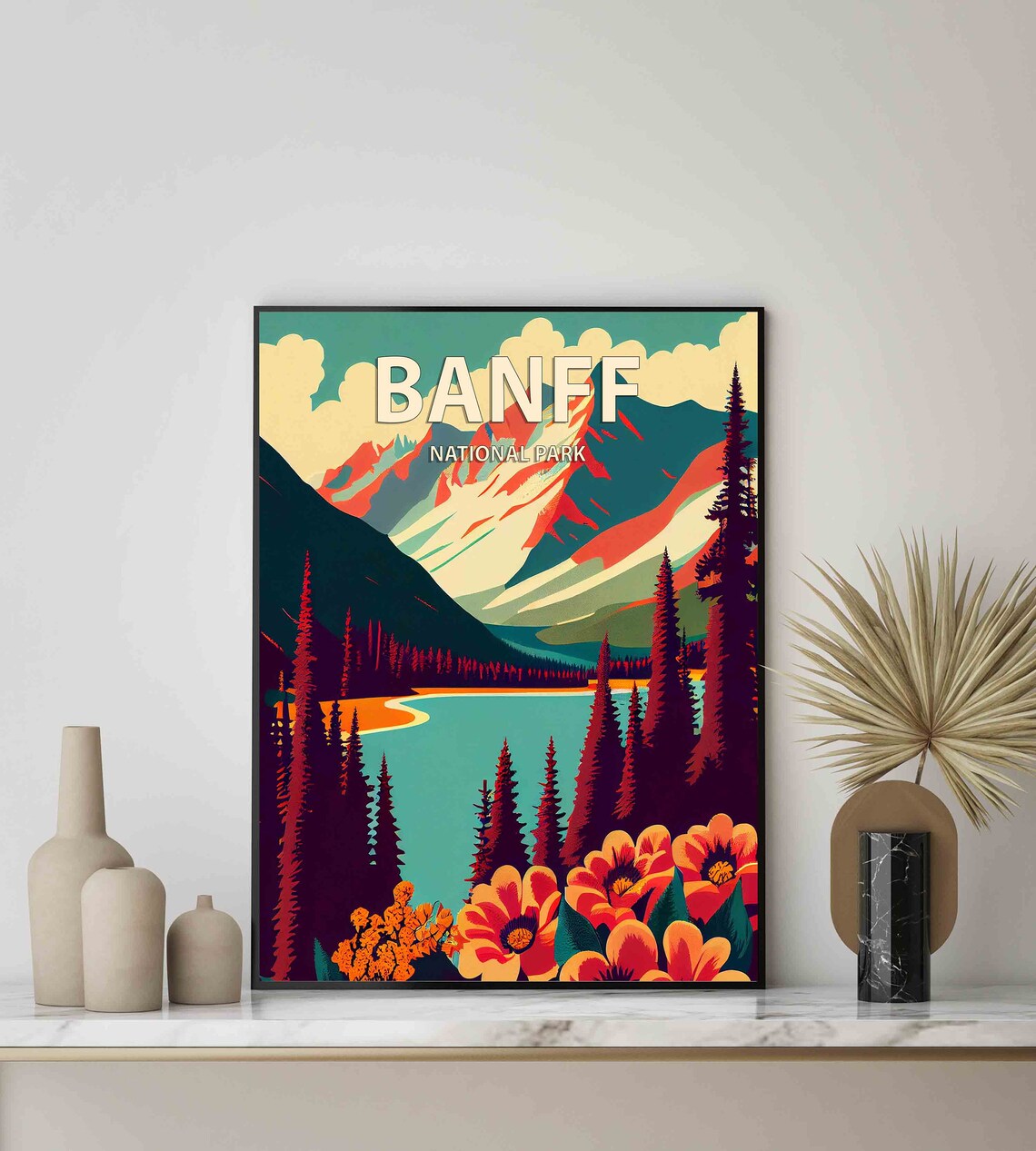 Banff National Park Alpine Lake Wildflower Scene Retro Travel Poster - Image 2
