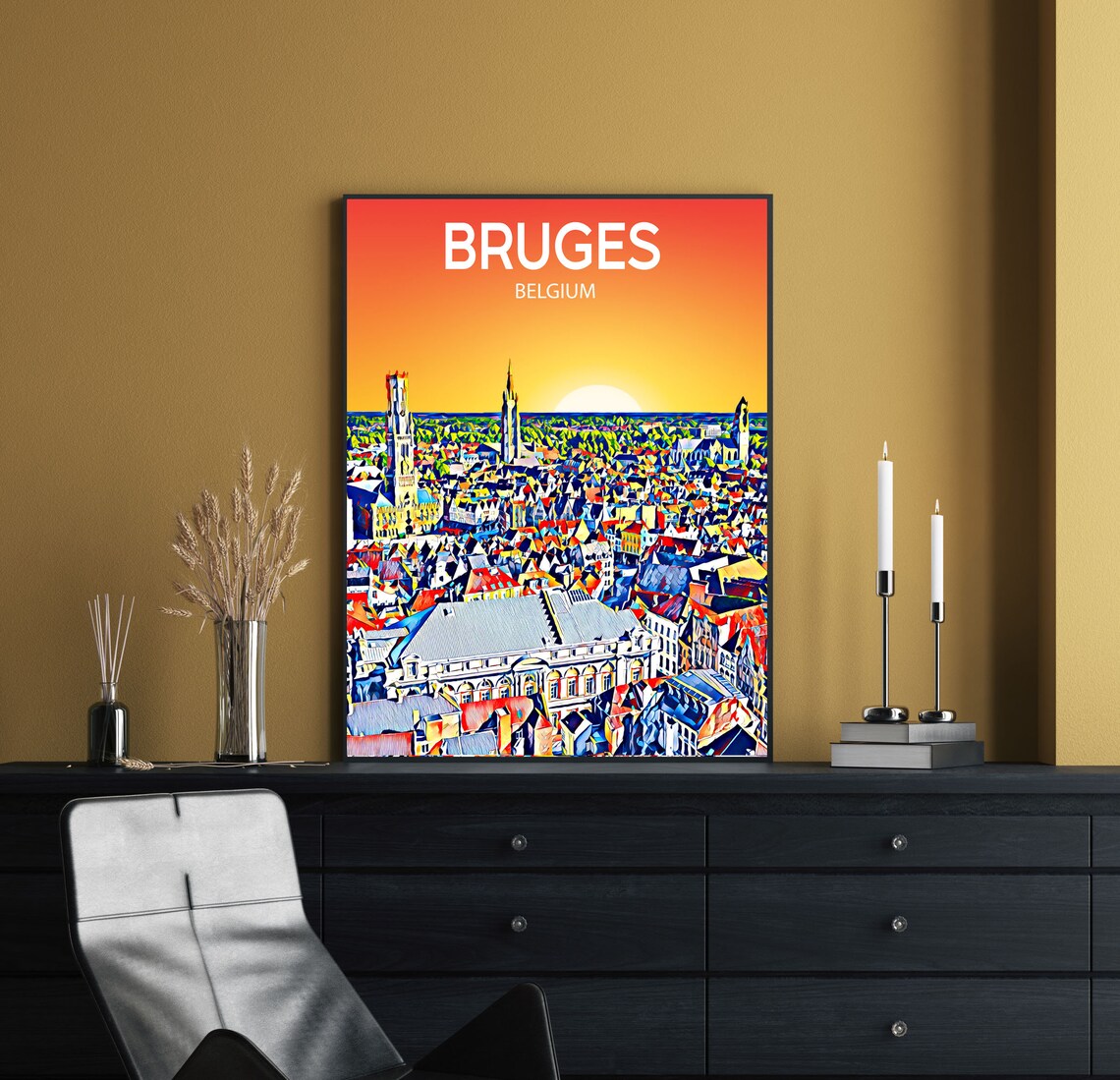 Bruges Belgium Sunset Skyline Belfry Towers Travel Poster Art - Image 2