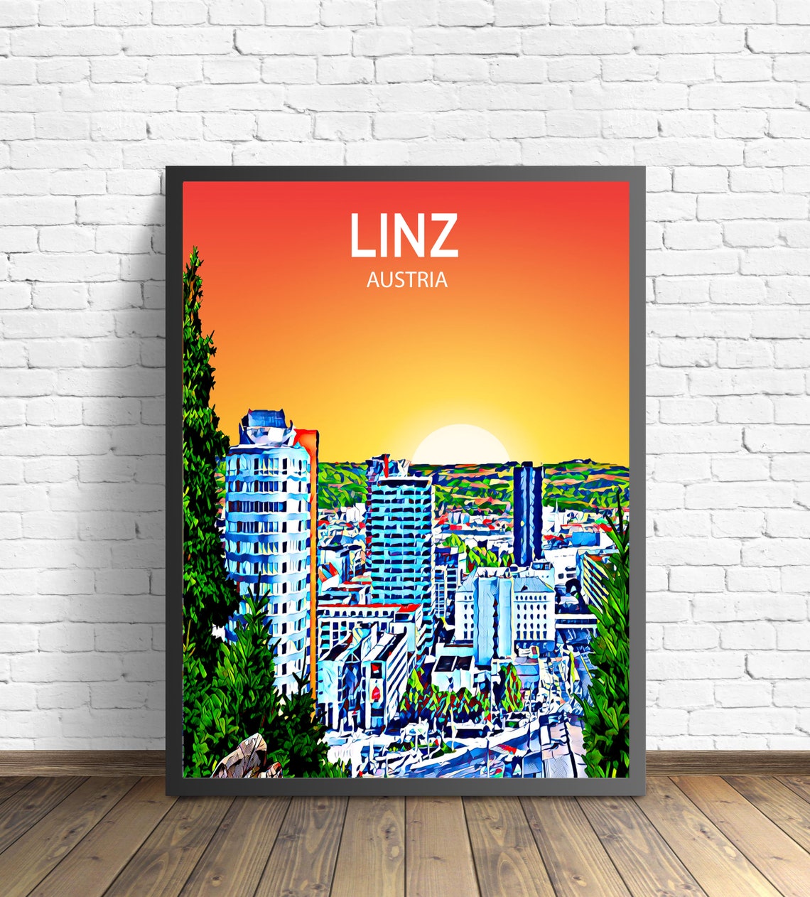 Linz Austria Sunset Skyline Vibrant Mosaic Cityscape Art Poster
