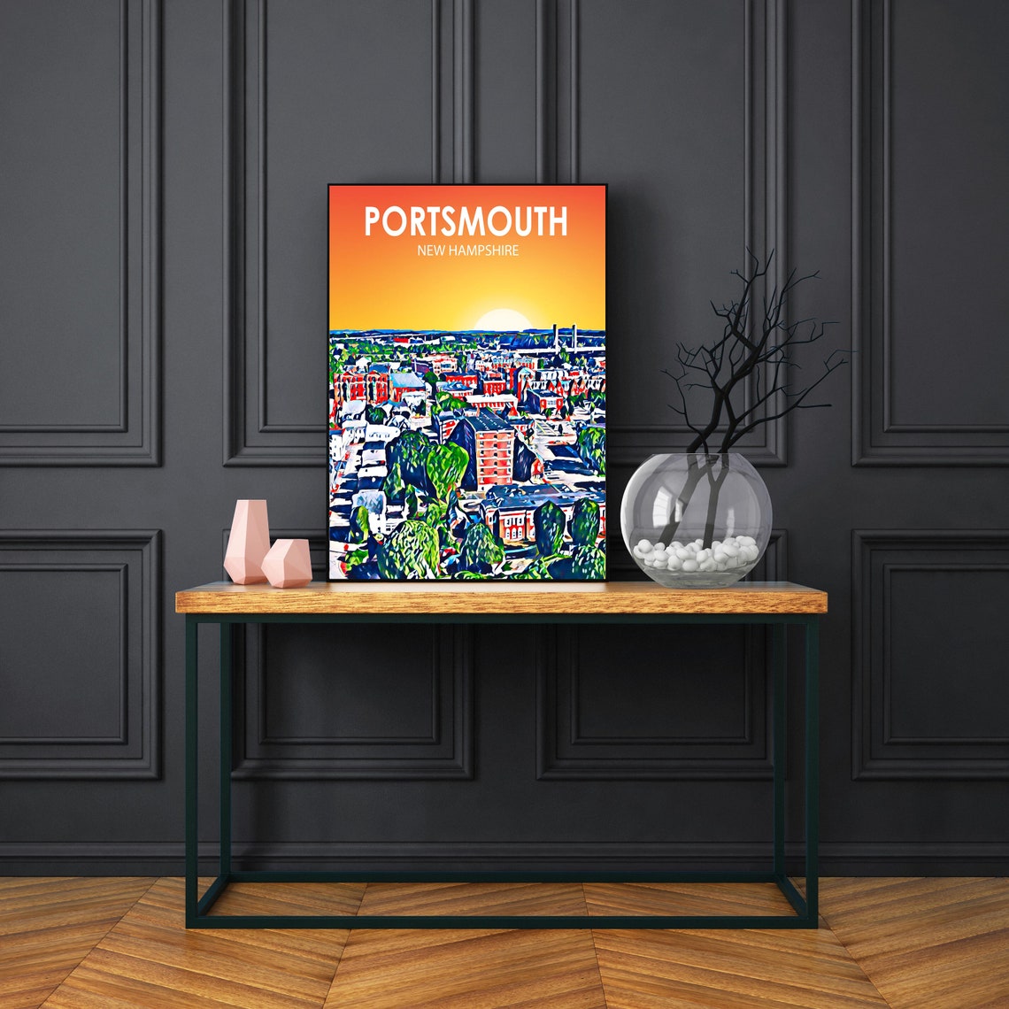 Portsmouth Nh Art Poster New Hampshire Sunset Landscape Poster Print Portsmouth City Wall Art Colorful Skyline Sketch Photo - Image 3