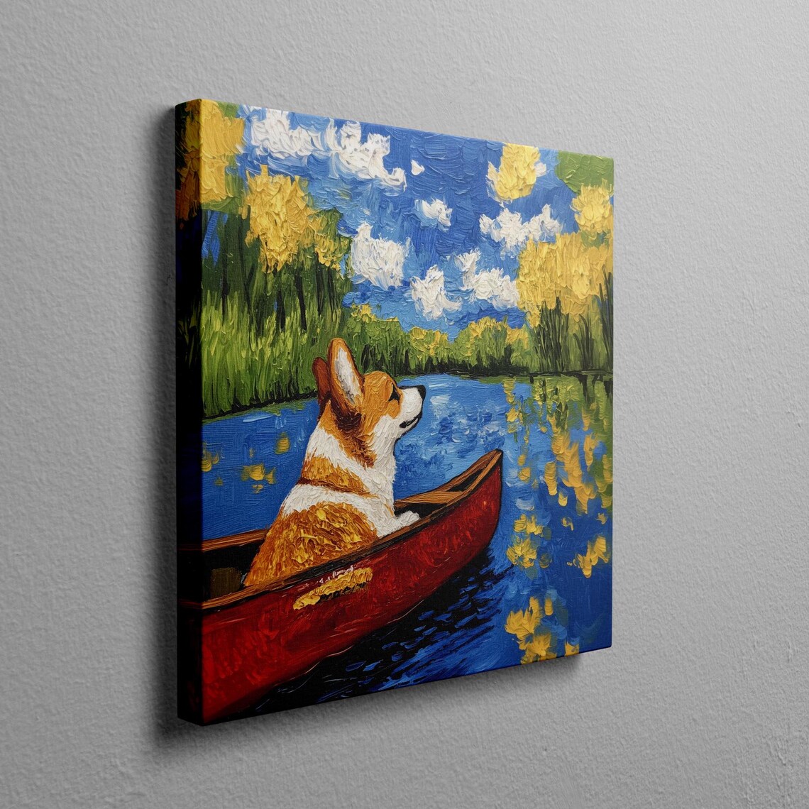 Corgi Paddling a Red Canoe on a River in Colorful Oil Poster - Image 2