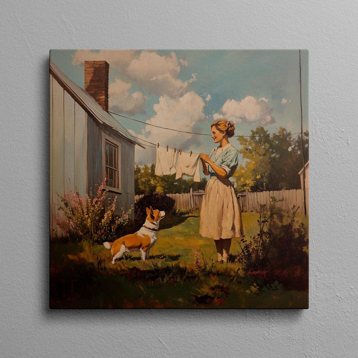 Corgi Dog Hanging Laundry Clothesline Poster for Laundry Room Decor
