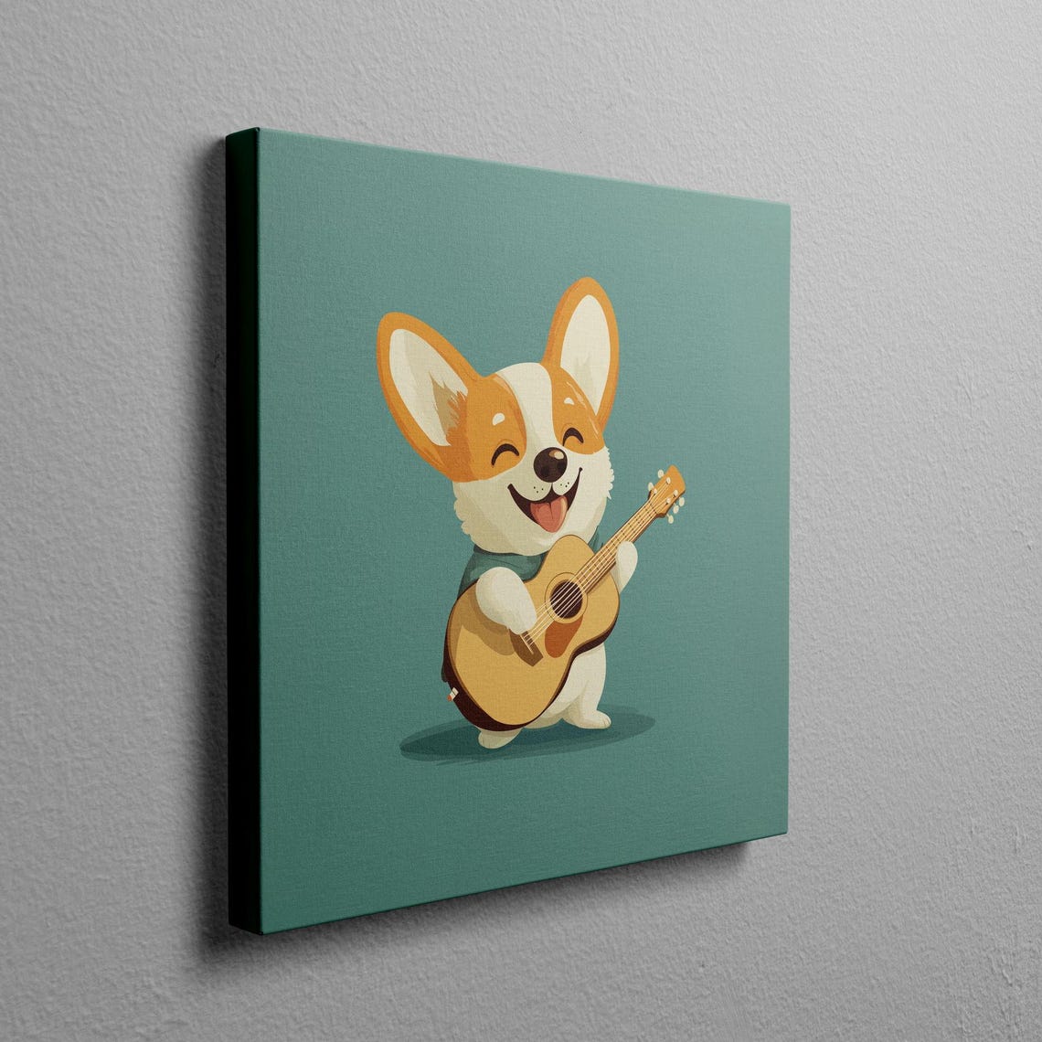 Happy Corgi Playing Guitar On A Teal Background Cartoon Wall Art - Image 2
