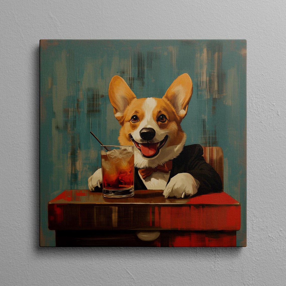 Corgi Home Bar Art Print, Whiskey Bourbon Rum