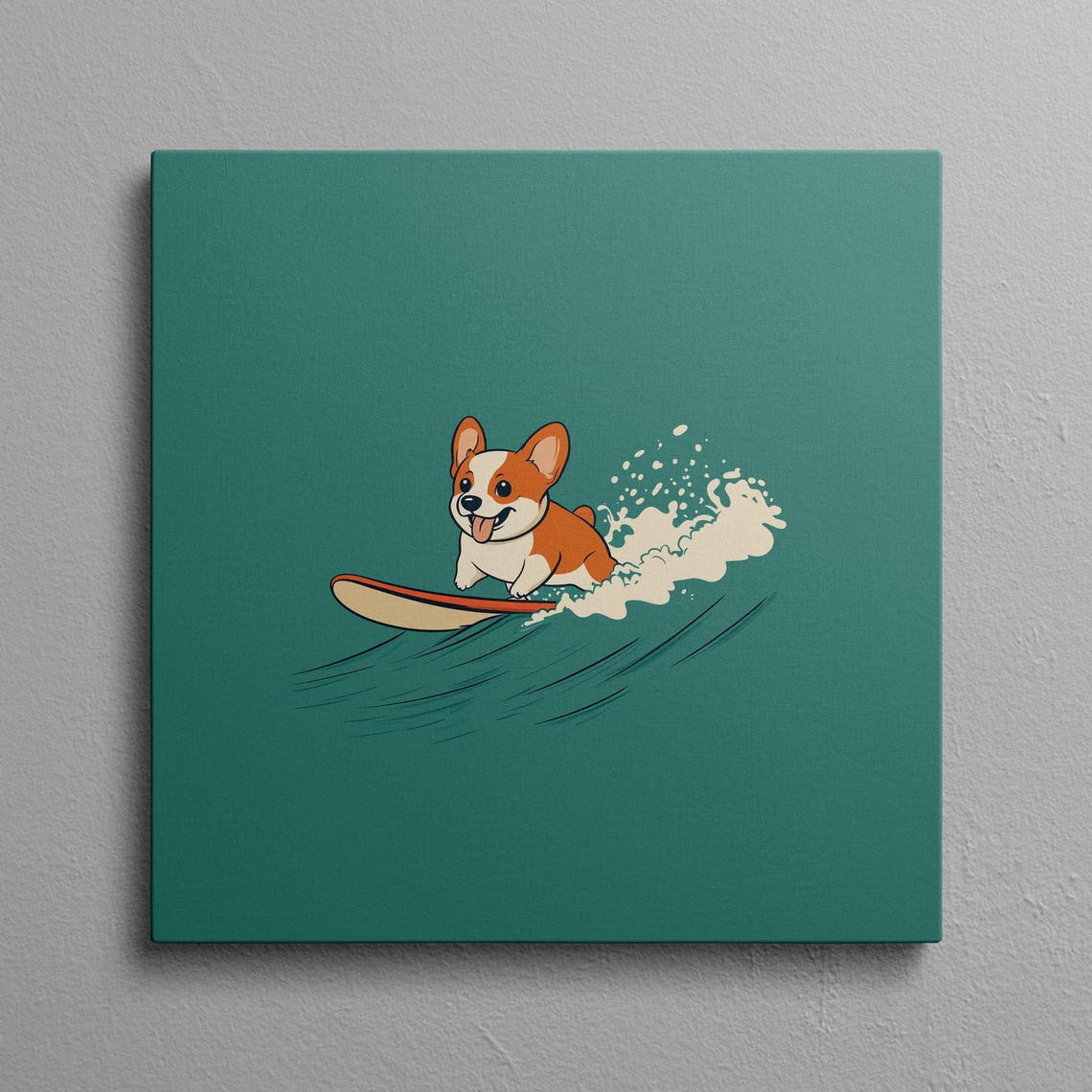 Corgi Surfer Cartoon Dog Riding an Ocean Wave on Teal Poster