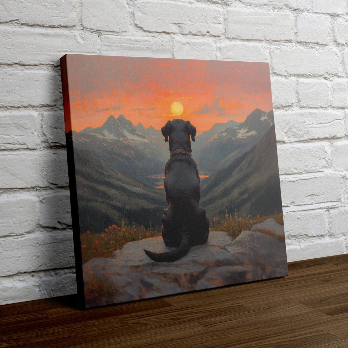 Black Lab Watching Mountain Sunset Sitting on a Rock Wall Art - Image 4