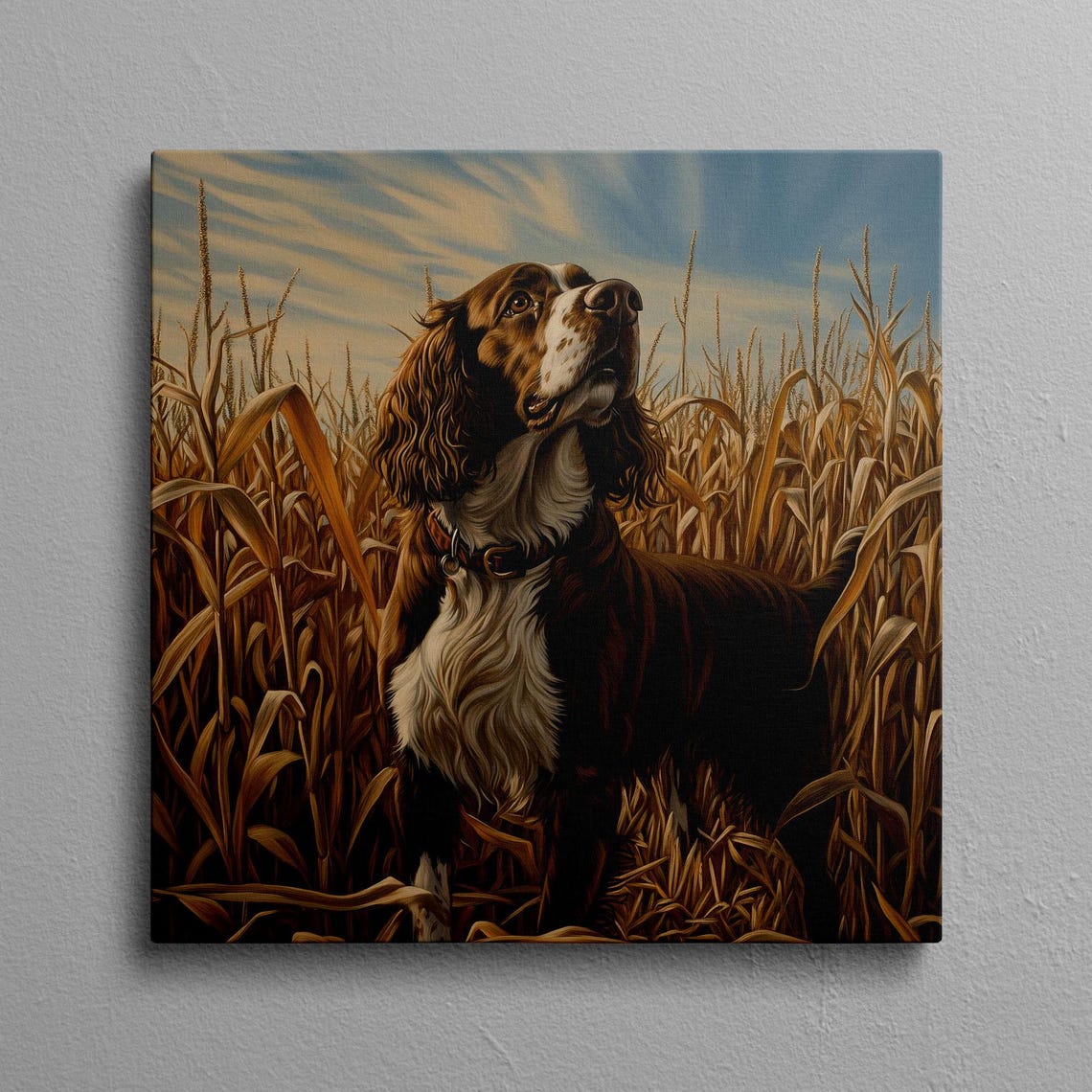 Springer Spaniel Standing Tall In A Golden Cornfield Oil Poster