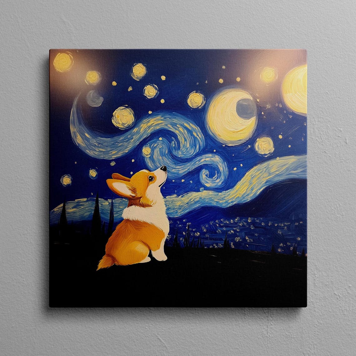 Corgi Sitting Under A Swirling Van Gogh Starry Night Sky Poster
