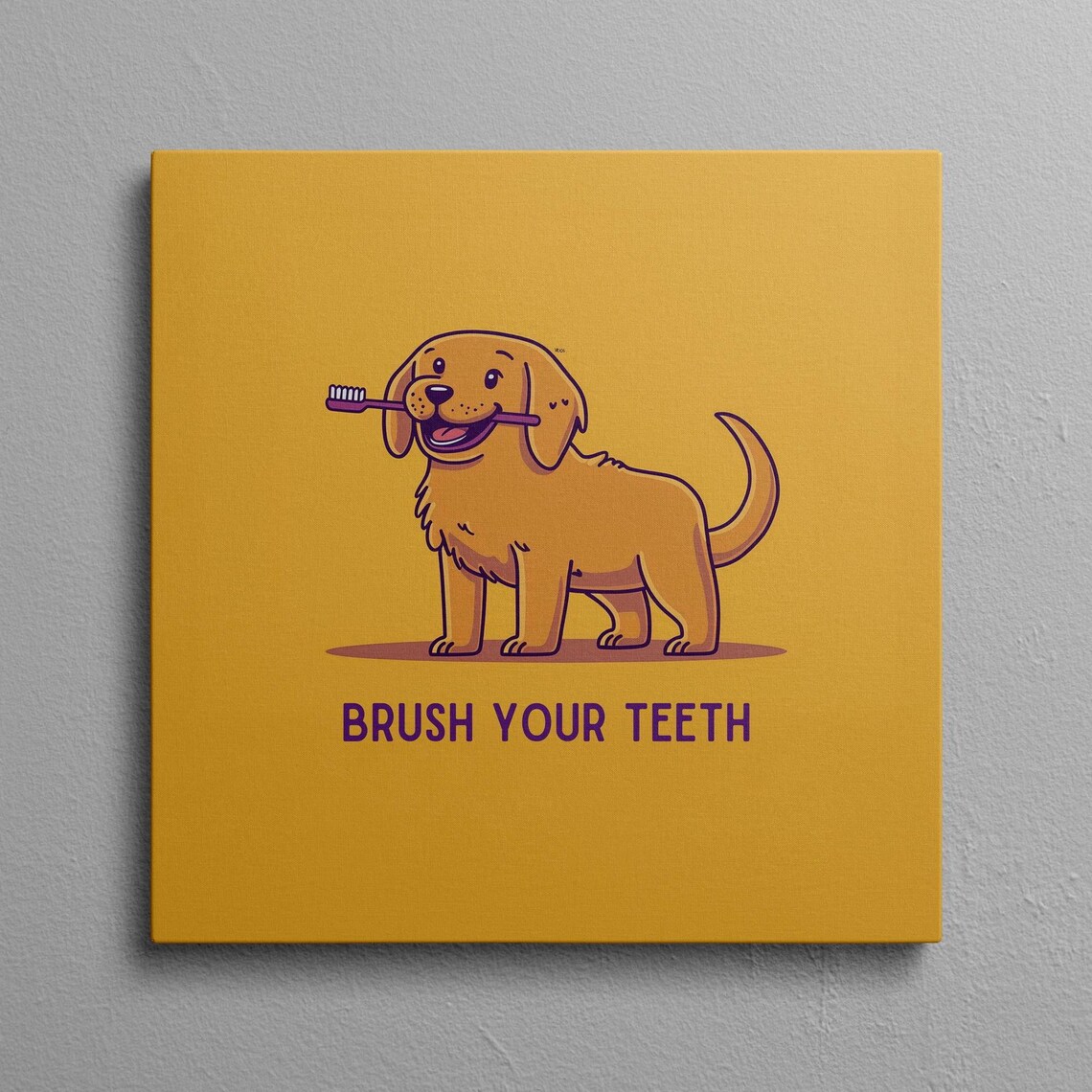 Brush Your Teeth Golden Retriever Holding Toothbrush Cartoon Poster