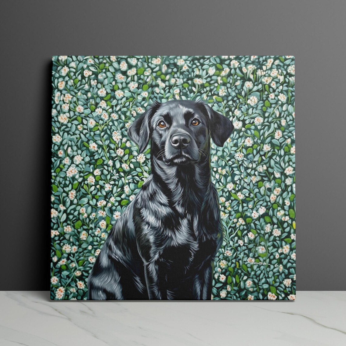 Black Lab Floral Portrait Dog Painting Green Flowers Wall Art - Image 3