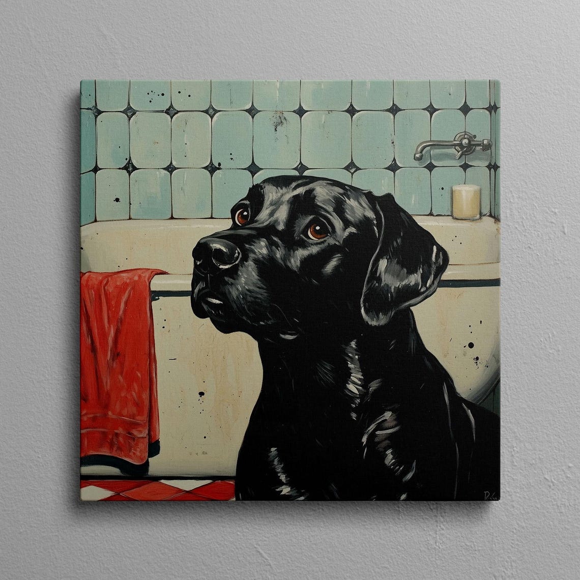Black Lab Bathing in a Retro Bathtub Funny Dog Spa Day Poster