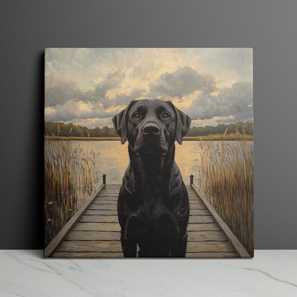 Black Lab Standing on a Wooden Dock by a Lake at Sunset Poster - Image 3