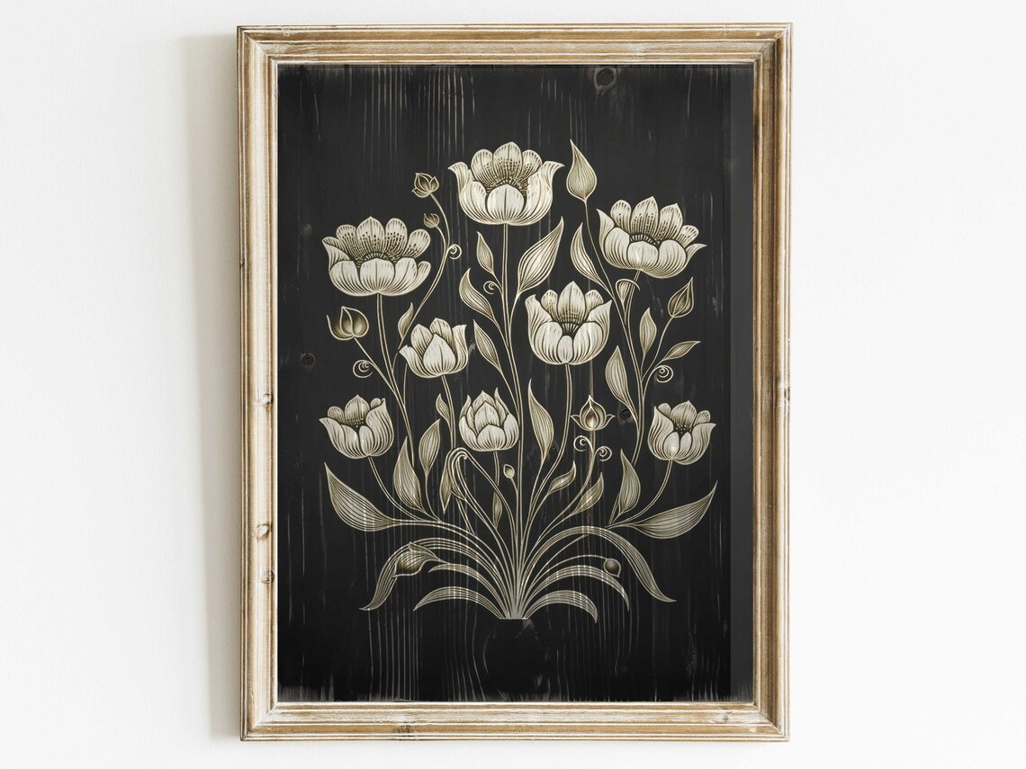 Cream Poppy Blossoms Line Art on Dark Rustic Wood Botanical Poster
