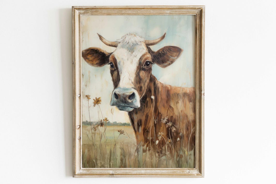 Vintage Cow Portrait Whimsical Cow Wall Art Cattle Art Farmhouse Decor Farm Animal Art Print Bull Painting Farm Theme Art