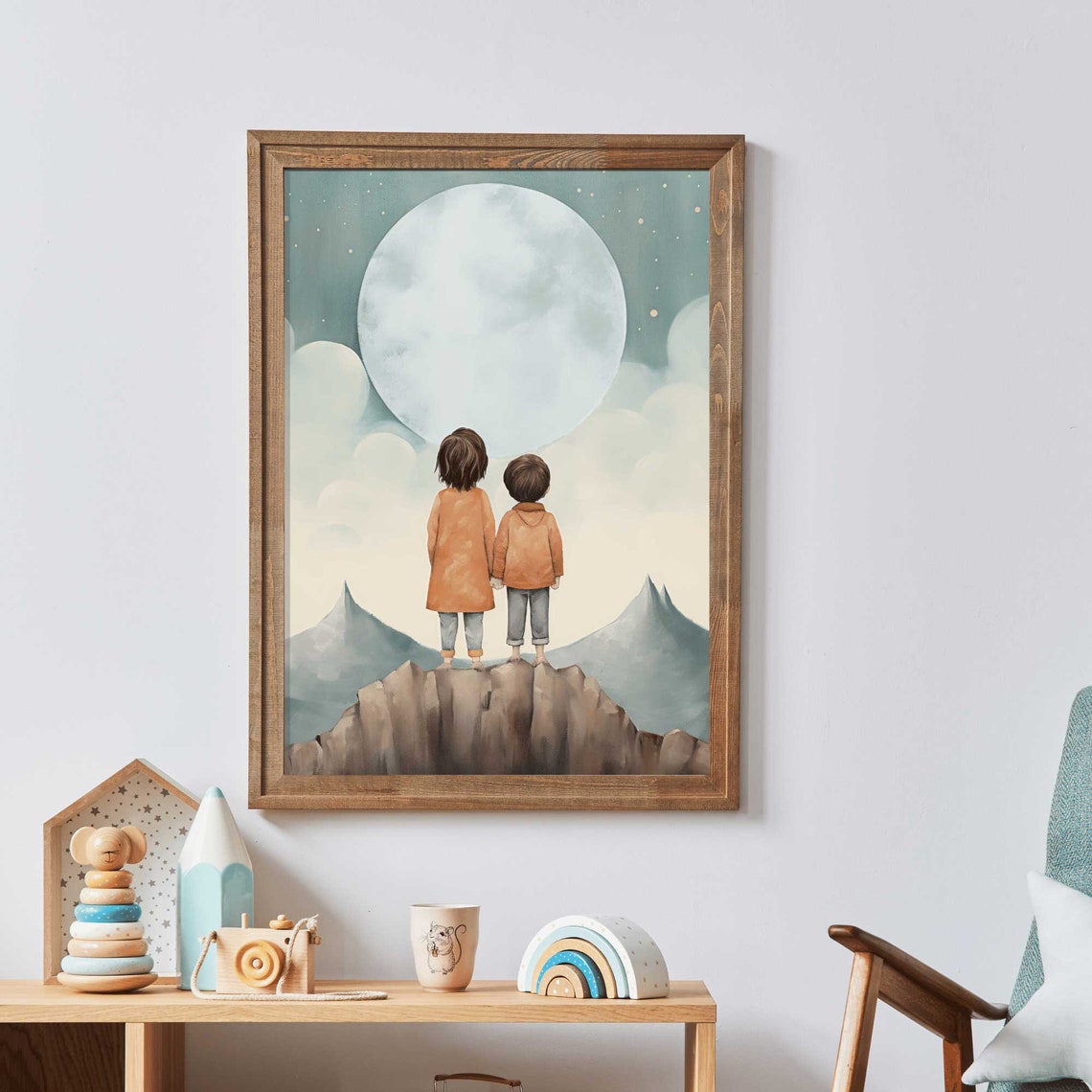 Two Kids on a Cliff Under a Giant Moon Sibling Adventure Wall Poster - Image 2