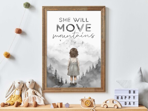 She Will Move Mountains Girl Facing Peaks with Birds Quote Poster