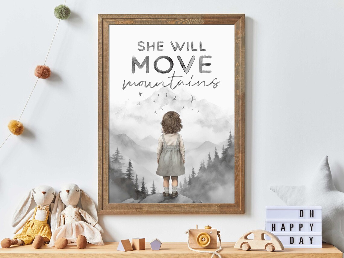 She Will Move Mountains Girl Facing Peaks with Birds Quote Poster