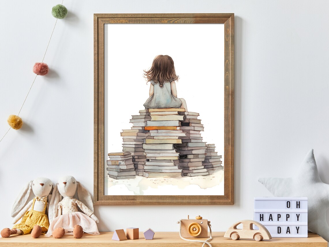 Little Girl Reading on Tall Stack of Books Watercolor Nursery Poster