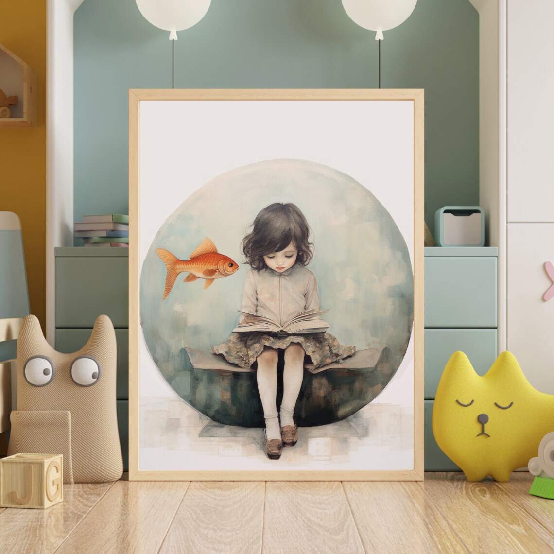 Little Girl Reading Book with Goldfish Whimsical Nursery Poster - Image 2