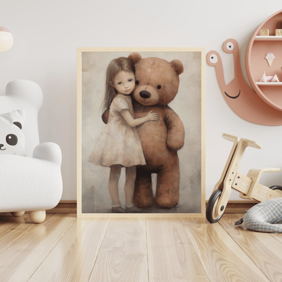 Little Girl Hugging Giant Teddy Bear Vintage Style Nursery Poster - Image 2