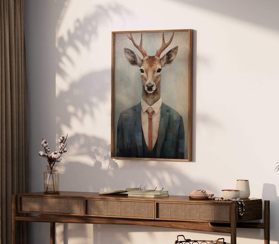 Deer Wall Art Funny Animal Portrait Animals In Clothes Deer Wearing Suit Vintage Woodland Animal Print Vintage Home Decor Art - Image 2