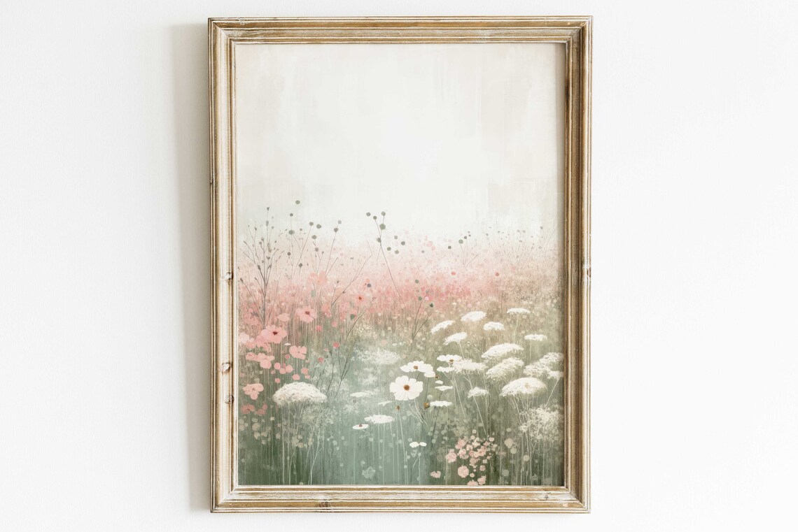 Soft Pink Wildflower Meadow Poster Airy Watercolor Floral Field Art