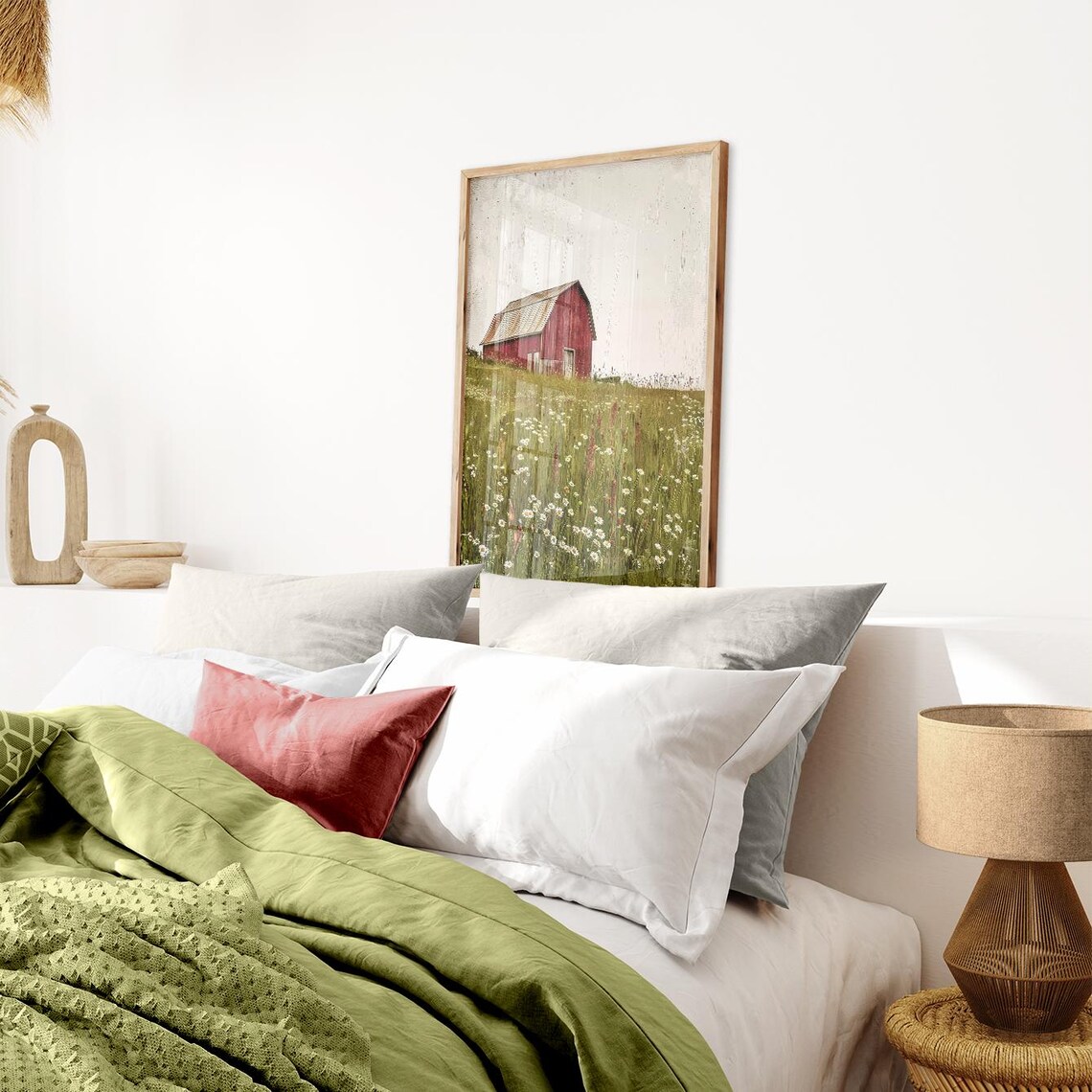 Red Barn Vintage Farmhouse Landscape Art Print - Image 2