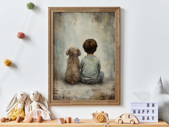 Boy and Puppy Sitting Side by Side in Vintage Style Art Poster