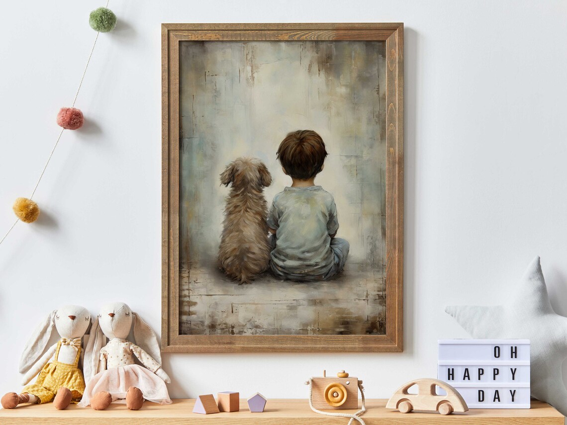 Boy and Puppy Sitting Side by Side in Vintage Style Art Poster