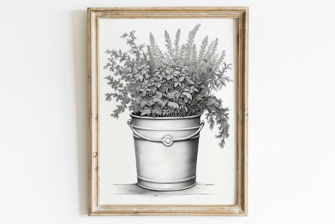 Monochrome Wildflower Bouquet in a Rustic Old Tin Bucket Poster