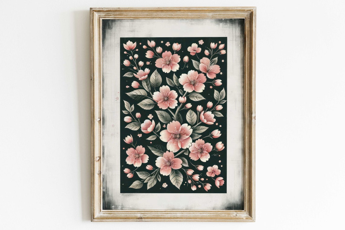 Pink Cherry Blossom Branches on Dark Green Botanical Floral Poster - Image 2