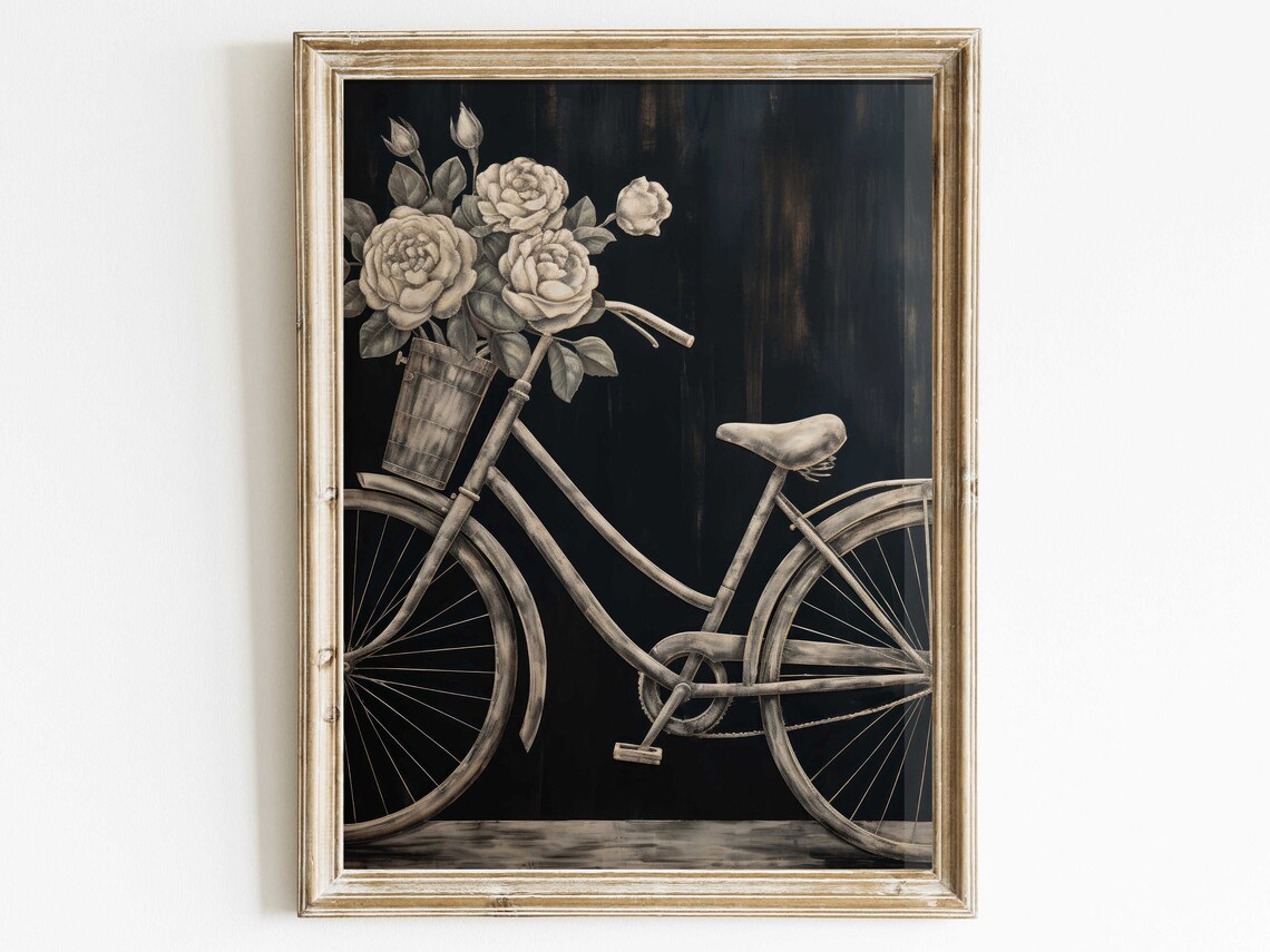 Vintage Bicycle With White Roses Basket Chalkboard Floral Art Print