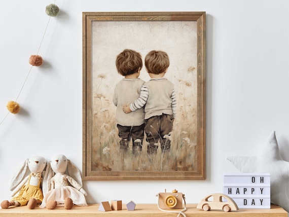 Twin Brothers Walking Through Wildflower Field Nursery Poster