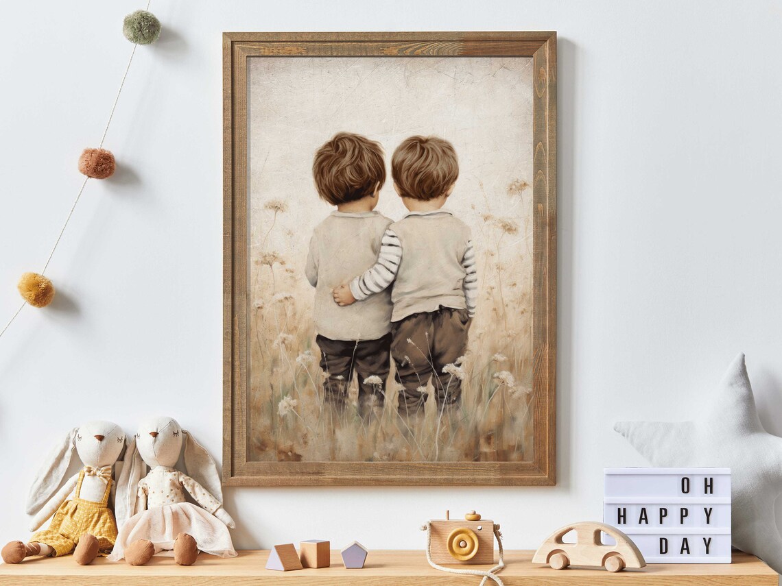 Twin Brothers Walking Through Wildflower Field Nursery Poster