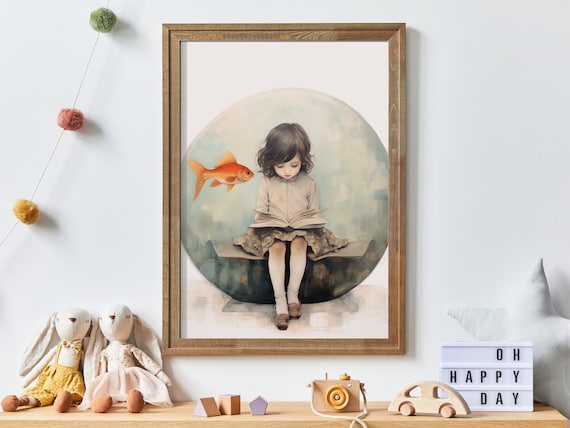 Little Girl Reading Book with Goldfish Whimsical Nursery Poster