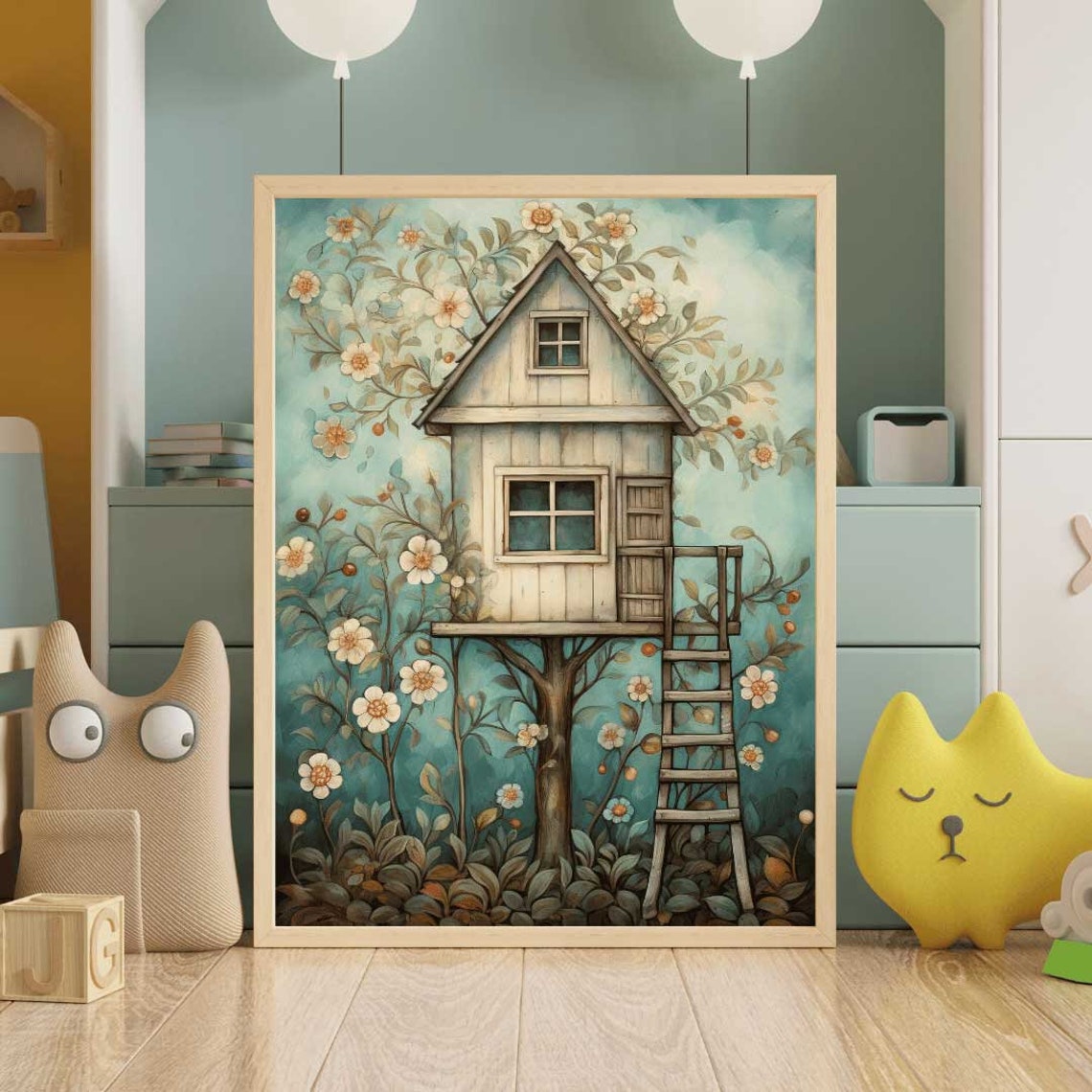 Whimsical Treehouse in Flowering Tree Watercolor Nursery Poster - Image 2