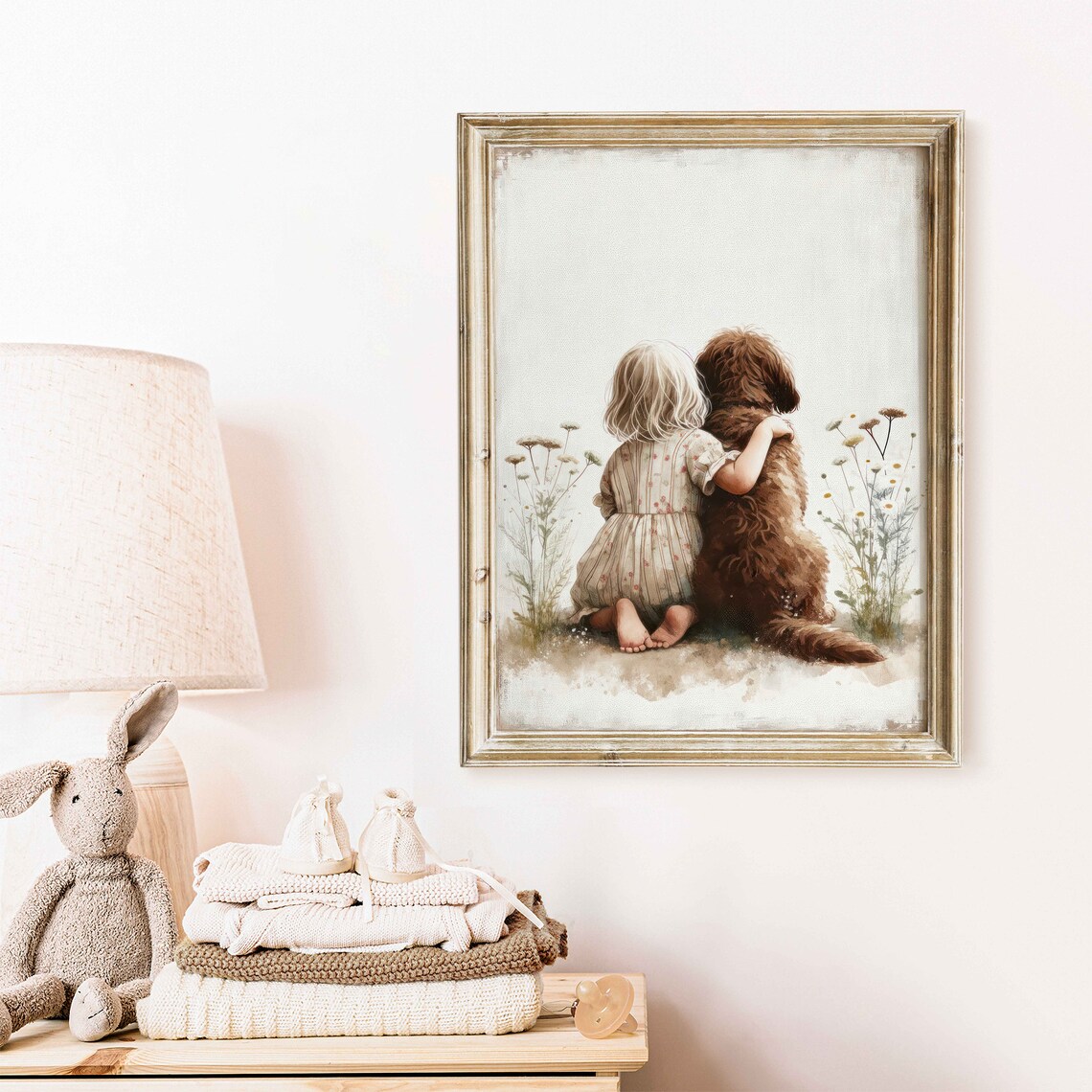 Little Girl Hugging Her Brown Labradoodle Dog in a Wildflower Field Poster - Image 2